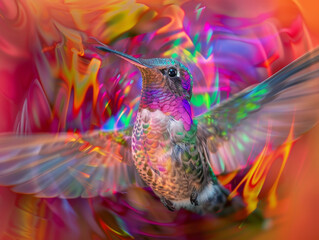 This image features a hummingbird with stunning detail and surreal colors against an abstract backdrop