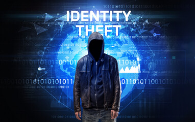 Poster - Faceless hacker at work, security concept