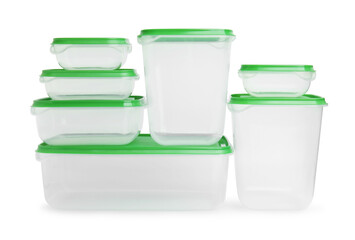 Wall Mural - Empty plastic containers on white background. Food storage