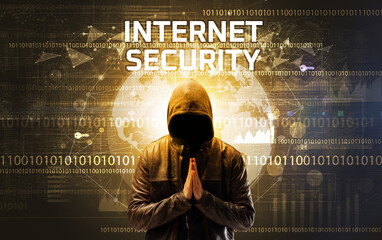 Poster - Faceless hacker at work, security concept