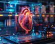 Biotech lab with glowing heart specimen in stasis
