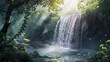 A captivating waterfall illuminated by soft sunlight filtering through a verdant forest canopy