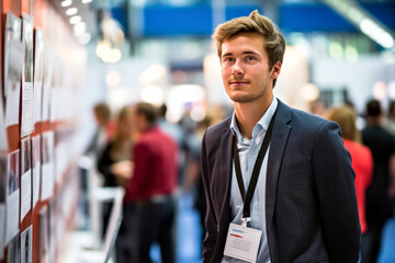 Young adult man IT recruiter at a job fair, focused on identifying and guiding job seekers in the tech industry towards promising careers. Concept of Labor Day