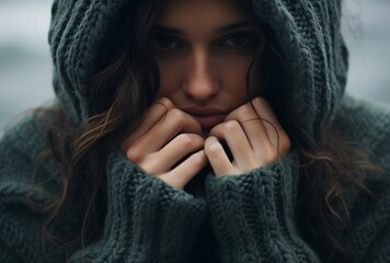 a woman wearing a hoodie and holding her hands to her face