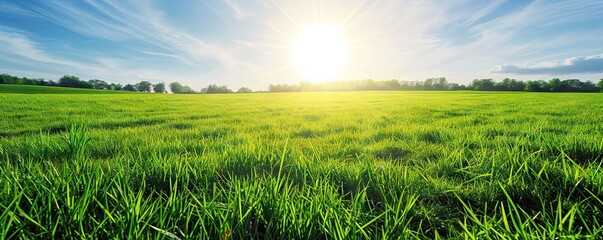 green grass and blue sky in wide banner. Beautiful meadow and sunlight