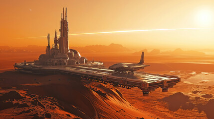 Wall Mural - landscape of an alien planet, beautiful view of red desert on another planet, fictional sci-fi backg