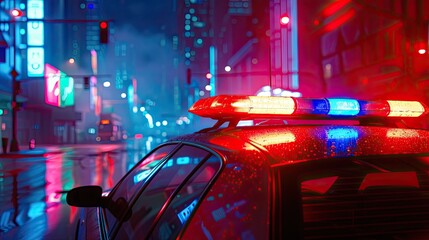 Wall Mural - Blue and red flashing lights on top of the police car. City lights in the background