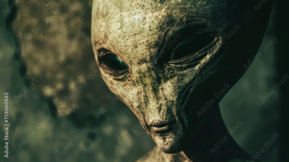 Mysterious alien face sculpture with intricate textures detail, set ...