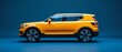 © Mickael - Side View of a modern yellow SUV car Isolated on black background. SUV automobile car concept in studio on orange background. Generative ai