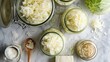 guide to making sauerkraut at home, with images showing the cabbage shredding, salting, and jarring process