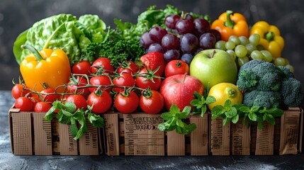 Poster - Assortment of fresh fruits and vegetables on wooden surface. healthy eating concept. vibrant colors for nutrition awareness. stock photo ready. AI