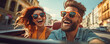 Happy young couple is enjoying ride in a cabriolet car during summer sunny day, active lifestyle concept