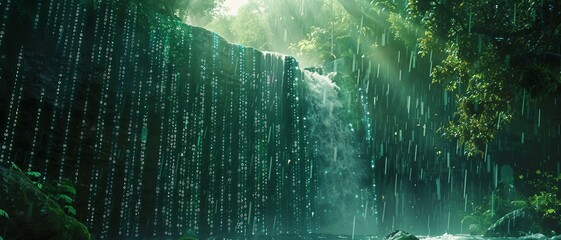 digital waterfalls, green matrix binary code Cascading Through  waterfall. 
