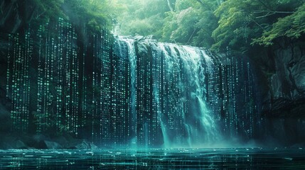 digital waterfalls, green matrix binary code Cascading Through  waterfall. 

