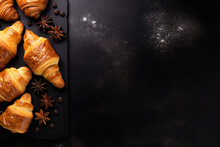 Delicious Pastries On A Wooden Board On A Black Dark Background, Ingredients, Copy Space For Text, Banner Design.