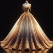 une magnifique robe de bal traditionnel , avec des détails subtile , de couleur dorée dégradée, voilages,  in sharp detail, réaliste  