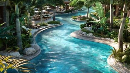 Dive into relaxation with this AI-crafted image of a resort-style swimming pool, featuring a winding lazy river meandering through tropical landscaping, luxurious cabanas.