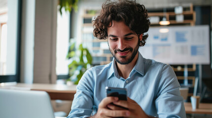 Wall Mural - Happy man using a smartphone during his work in the office