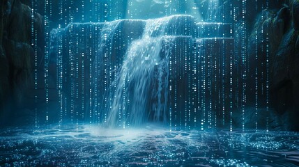 Wall Mural - digital waterfalls, blue matrix binary code Cascading Through  waterfall. 
