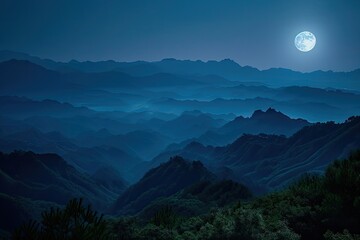 Wall Mural - Mountainous Landscape Bathed In Moonlight
