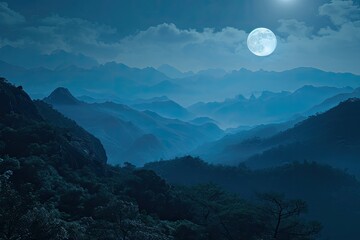 Wall Mural - Mountainous Landscape Bathed In Moonlight