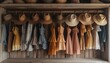 a group of dresses and hats on a rack