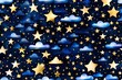 Seamless pattern of the night sky with gold foil constellations stars and clouds watercolor