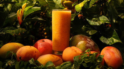 Wall Mural - Fresh apricot juice in a glass and fresh fruits on the table
