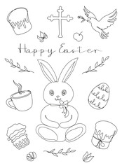 Sticker - Easter Set in continuous one line style with design elements like bunny, eggs, dove, candle, cross, Easter cake, mug, flowers. Black and white vector. Clipart. Easter card with Happy Easter greeting