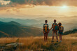 © NadezhdaShestera - A couple of travelers with a child stand and look into the distance at the opening magnificent landscape, mountainous terrain, solitude, traveling light