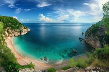 Wall Mural - A tropical island with a beach in the sea in a cozy place surrounded by mountain cliffs, top view