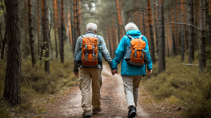 Poster - two elderly individuals are seen from behind, walking hand in hand on a forest trail, both wearing backpacks