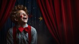 Fototapeta Do akwarium - boy laughing with clown paint on his face while a curtain , dark red and gray
