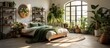 Spacious bed and lovely indoor plants in a bedroom.