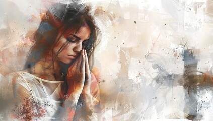 Poster - Woman praying in front of a cross.	