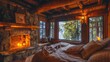 Quaint cabin retreat offering a snug window seat, wooden beams, stonework fireplace, homey quilt bedding, all bathed in lantern light