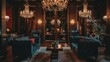 Step into grandeur with ornate chandeliers, sumptuous velvet seating, luxe wood details, and noble hues, all aglow in ambient lighting