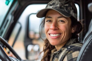 Wall Mural - A female truck driver smiling.	
