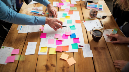 Wall Mural - close-up of a busy brainstorming session with multiple hands, colorful post-it notes, and documents 