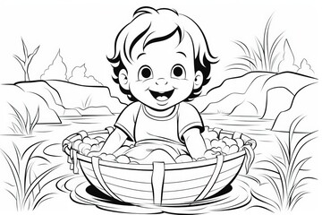 Baby Moses in a basket by the river, kids coloring page.