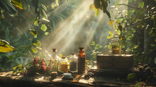 An Enchanting Scene Of Sunlight Filtering Through A Canopy Of Leaves, Casting Dappled Shadows On A Collection Of Herbal Remedies, Highlighting The Symbiotic Relationship .