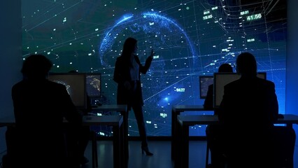 Technical support team in control room. IT specialists at the security office, big digital screen shows surveillance monitoring infographic global network.