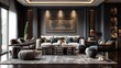 a serene and elegant Asian Indian living room with a modern twist, characterized by a prominent dark grey color scheme. Utilize generative AI to bring this vision to life with intricate details