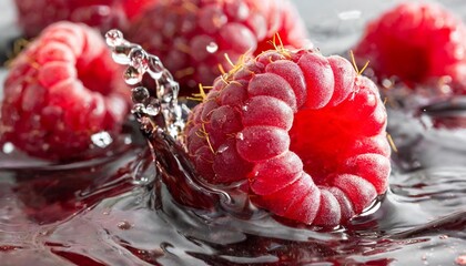 Sticker - ultra detailed photo of raspberries in juice splashing in isolation on the background with free space