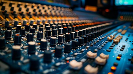 a sound board with many knobs