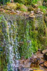 Wall Mural - Water flowing down a hillside among green vegetation.