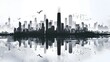Chicago Skyline Reflection and Flying Birds in Concept Art Style, To provide a visually striking and unique representation of the Chicago skyline
