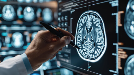 Canvas Print - Medical professional analyzing a series of MRI brain scans displayed on a high-tech digital monitor.