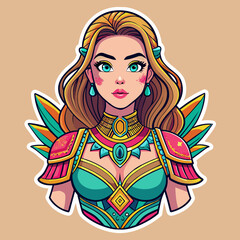 sticker portraying a beautiful girl in a statement outfit, with intricate details and vibrant colors, tailor-made for enhancing t-shirt aesthetics