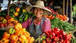 A stylish woman in a straw hat stands before a vibrant display of assorted vegetables